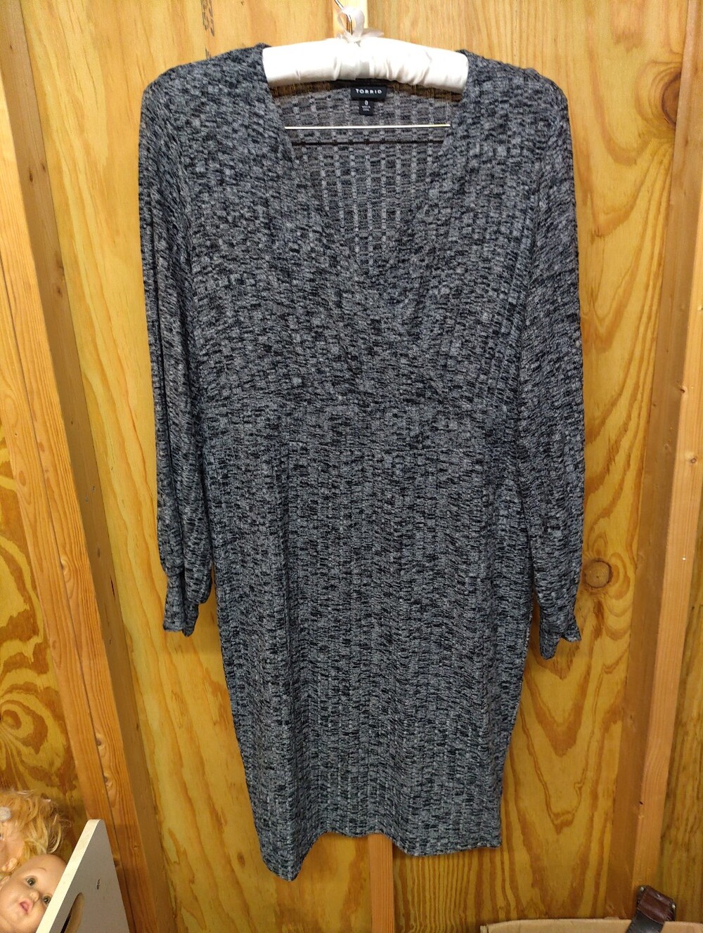 Torrid Size 0 (L/12) Black Gray Ribbed Faux Wrap Long Sleeve Dress